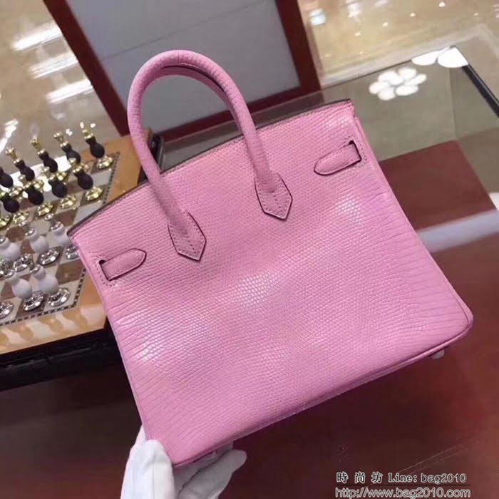 HERMES愛馬仕 鉑金包 Birkin 25cm 蜥蜴 Lizard leather 奶昔粉 銀扣 蠟線手縫 時尚手提包  Ama1150